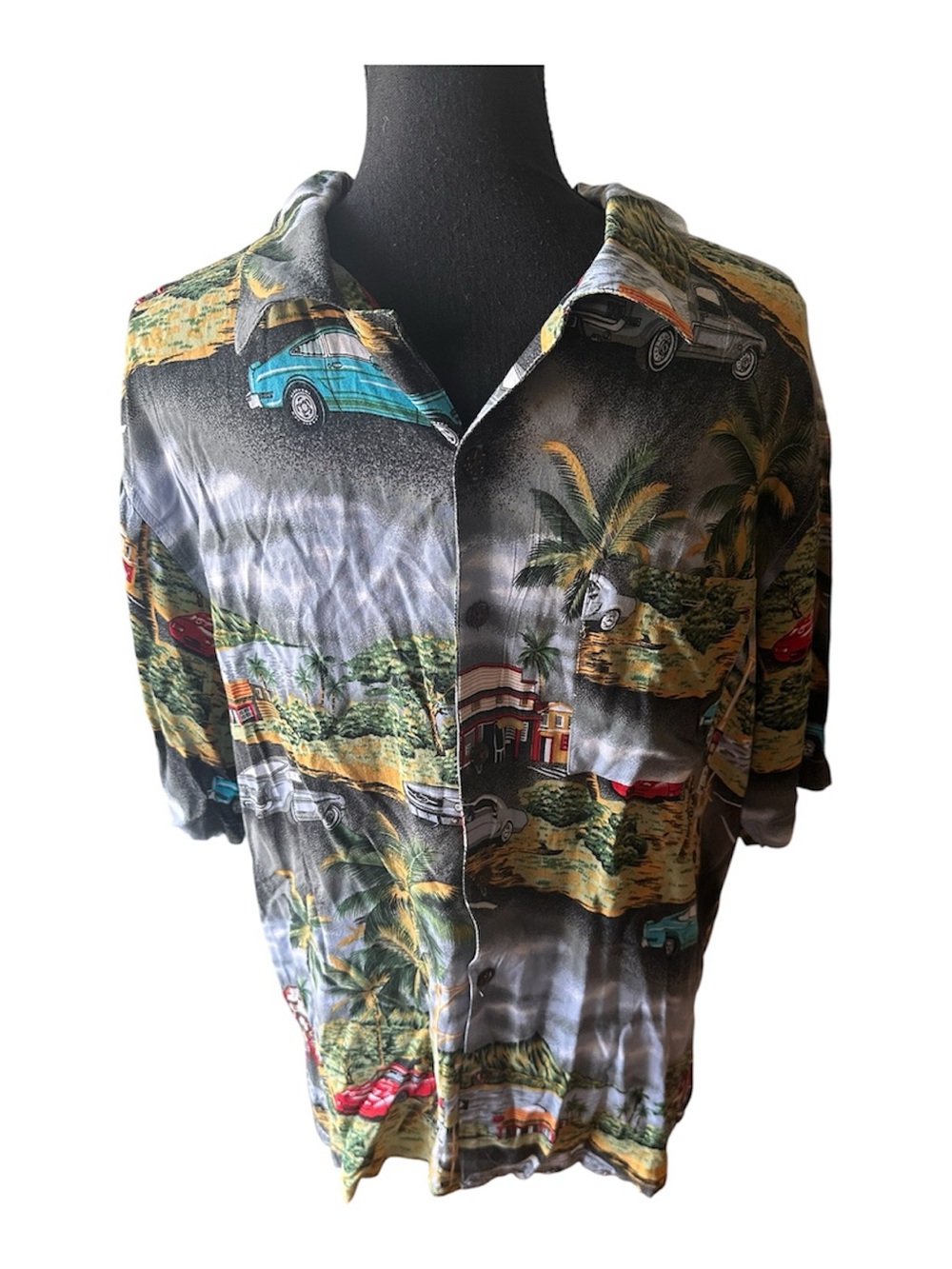 Vintage Covington Hawaiian Camp Shirt Classic Cars Palm Tropical Print Size L